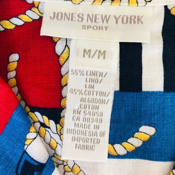 Vintage Linen Nautical Flag Print Button Up Short Sleeve Blouse Shirt Top Summer - Picture 2 of 4